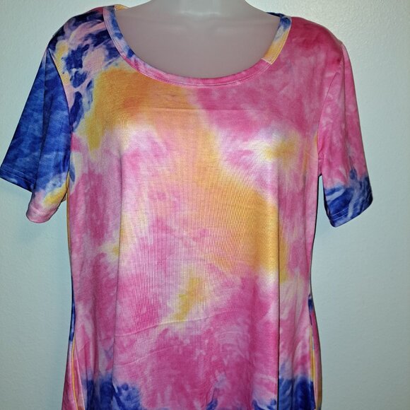 NWT Oversized Gradient Print Short Sleeve Rainbow Tie Dye Loose Casual Mini Dres - Picture 9 of 10
